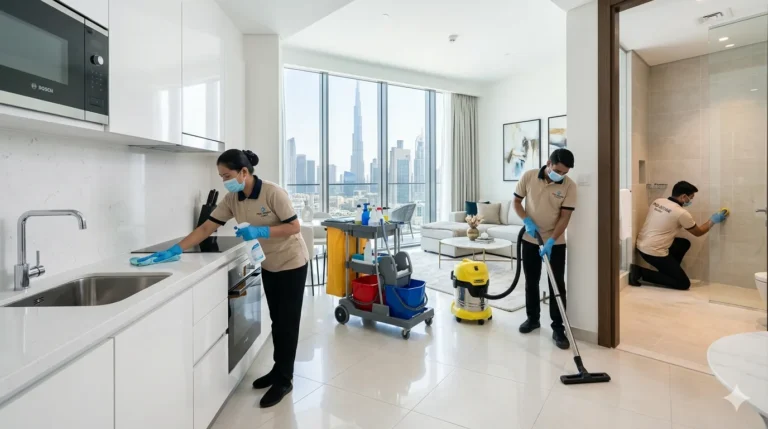 Deep cleaning vs standard cleaning service in Dubai showing professional cleaners performing detailed home cleaning.