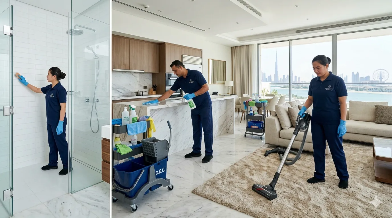 Professional deep cleaning team cleaning a luxury Dubai villa showing the time and process involved in deep cleaning services in Dubai.